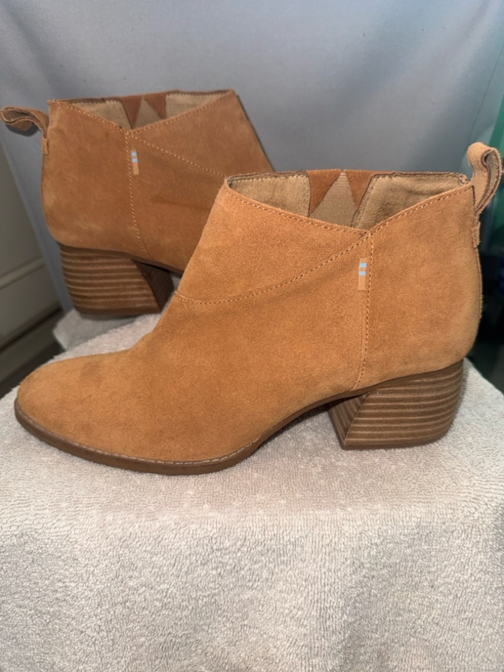 TOMS Leilani Suede Ankle Booties in “Carmel Brown"